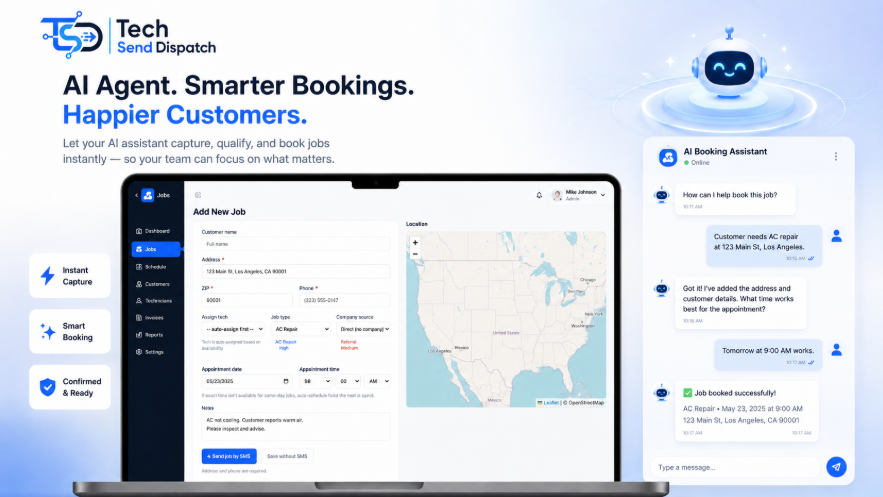 Tech Send Dispatch AI agent capturing a call and booking a job